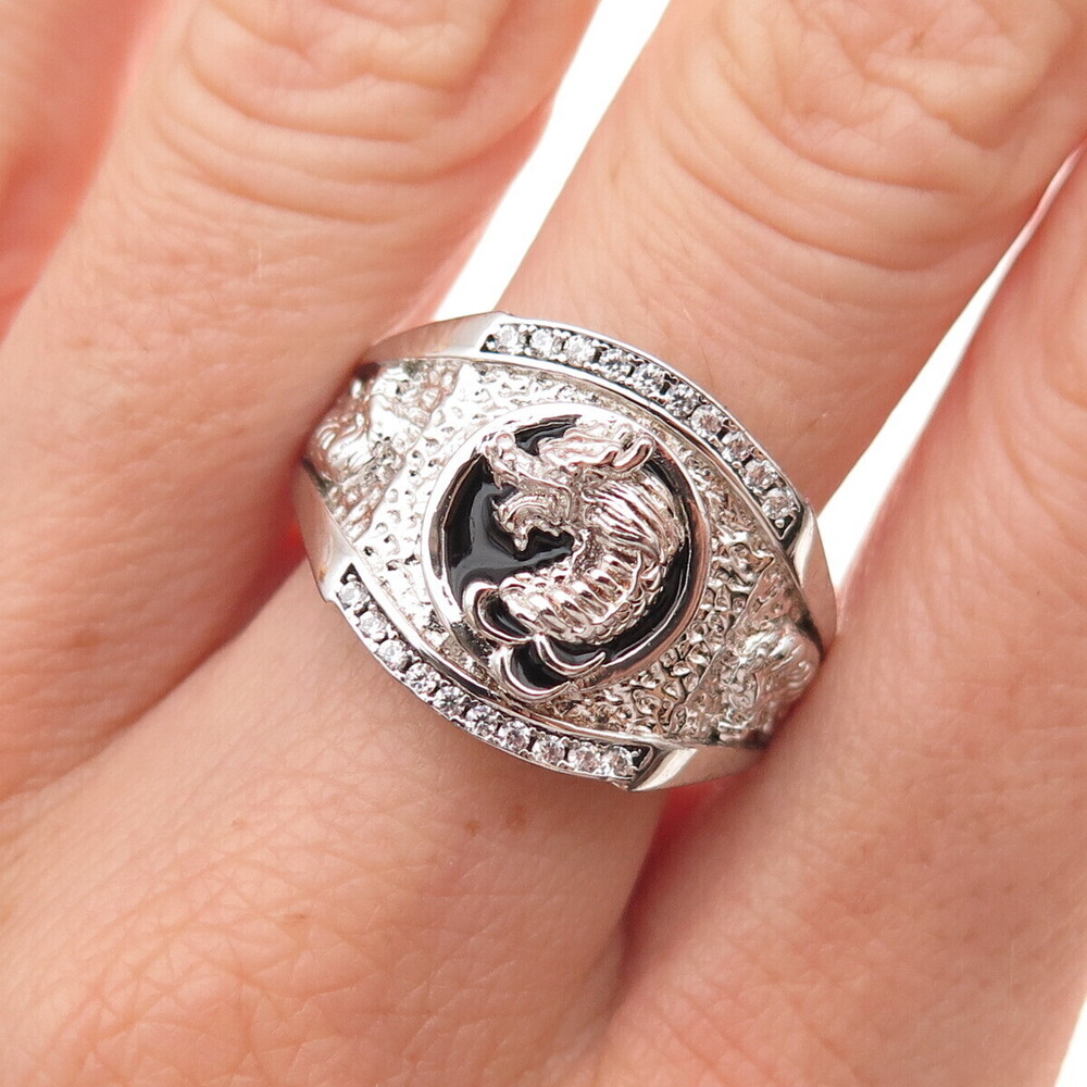 925 Sterling Silver Enamel & C Z Dragon Ring Size 9.25